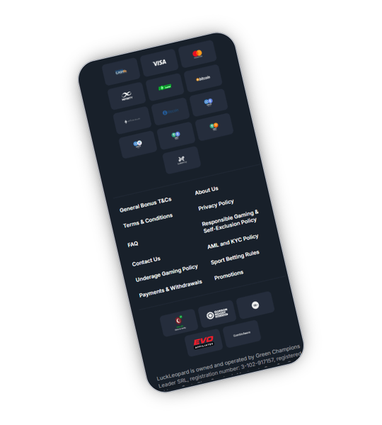 LuckLeopard Casino Zahlungsseite mit Visa, Mastercard, MiFinity, Cashlib, Bitcoin, Ethereum, USDT und Solana
