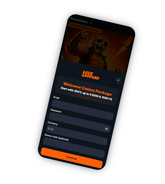 LuckLeopard Casino Registrierungsbildschirm mit E-Mail, Passwort, Waehrungsauswahl und Bonus-Opt-in